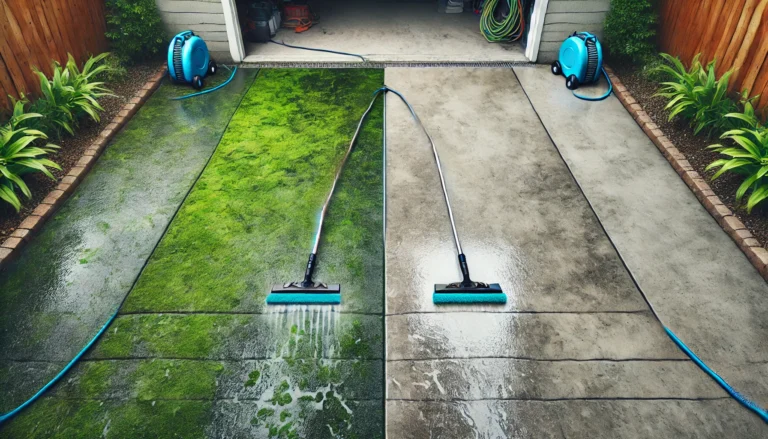 A-highly-satisfying-before-and-after-photo-of-power-washing-on-a-concrete-driveway.-Show-a-clear-distinct-contrast-between-the-dirty-stained-moss